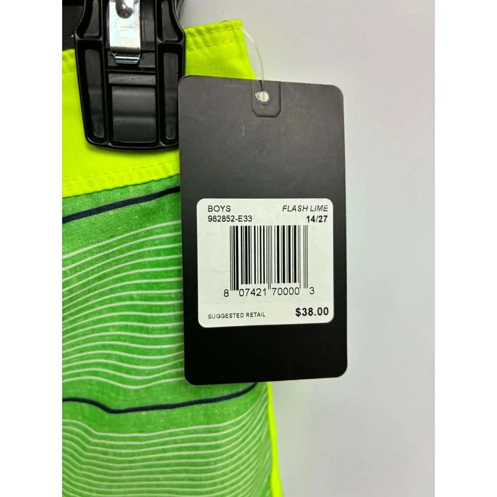 Hurley Boys Board Shorts Flash Lime Green Striped Swim Trunks Size 14/27 NEW